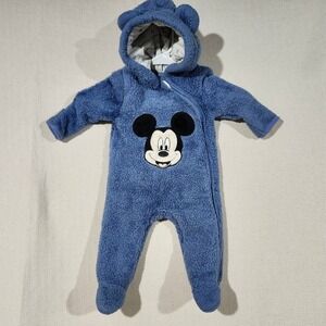 Disney‎ Baby Mickey Mouse Blue Fleece Hooded Pram Suit Snowsuit 0/3M Infant